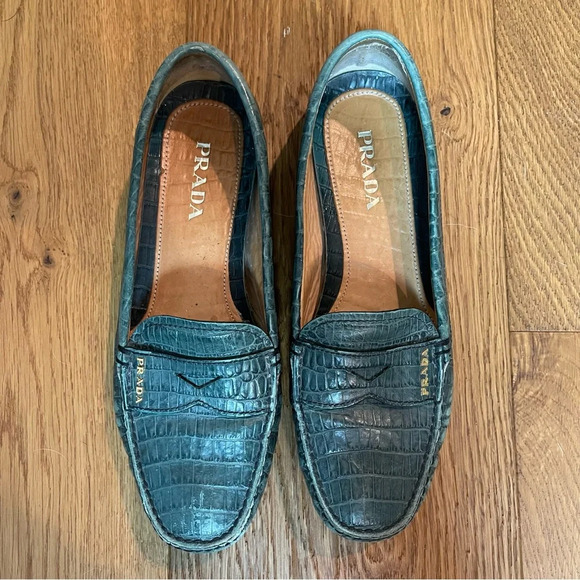 Prada Green Crocodile Embossed Leather Penny Loafer Size EU 37 = US 7 - Picture 1 of 12